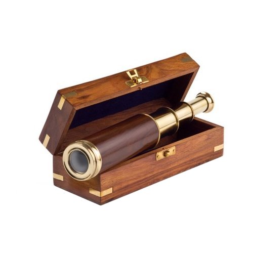 Teleskop-Fernrohr mit Lederbezug in Holzkiste