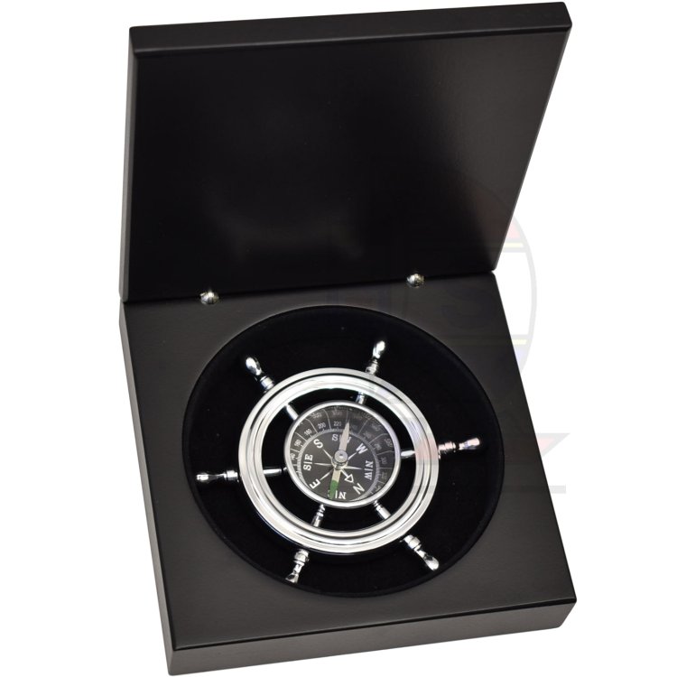 Kompass im Steuerrad Messing verchromt