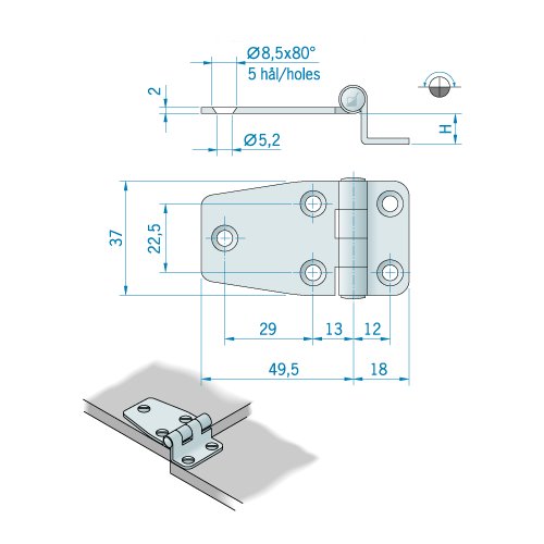 Scharnier gekröpft Edelstahl 68x37x10 / 5L